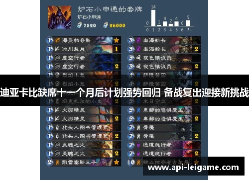 迪亚卡比缺席十一个月后计划强势回归 备战复出迎接新挑战